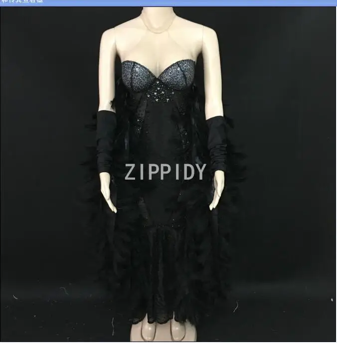 

Fashion Flashing Black Rhinestones See Through Dress Nightclub Women Dance Mesh Feather Sleeves Dress Prom Birthday Dress