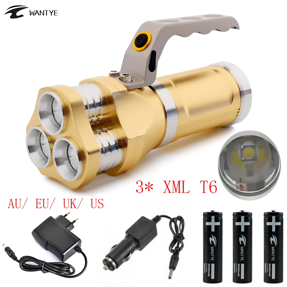 Wantye Rechargerable светодио дный фонарик 18650 мощный 3 * XML T6 10000 LM Тактические вспышки света