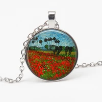 retro fashion van gogh poppy field oil painting pendant necklace glass round men women pendant choker jewelry gift souvenir kids