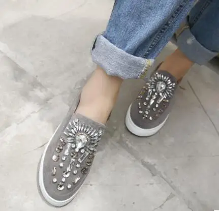 Bling Кристальные заклепки на плоской подошве женская обувь большие стразы на толстой подошве; туфли на плоской подошве с круглым носком; ботинки-Оксфорды балетки; эспадрильи; женская обувь c160 - Цвет: GRAY