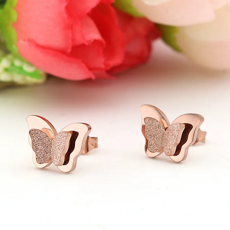 Женские серьги гвоздики из титана G23 с двойной бабочкой|fashion stud earrings|stud earringsgirls