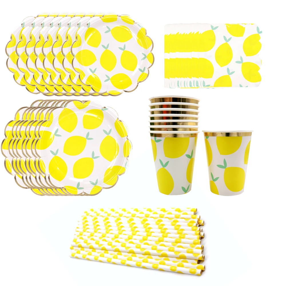 

Yellow Disposable Paper Lemon Tableware Set Bronzing Plates Cups Straw For Baby Shower Birthday Festival Party Supply Kids Favor