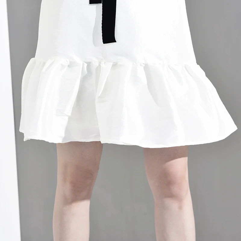 [EAM] New Spring Summer Round Neck Short Sleeve White Ruffles Hem Bandage Bow Big Size Dress Women Fashion Tide WD5070