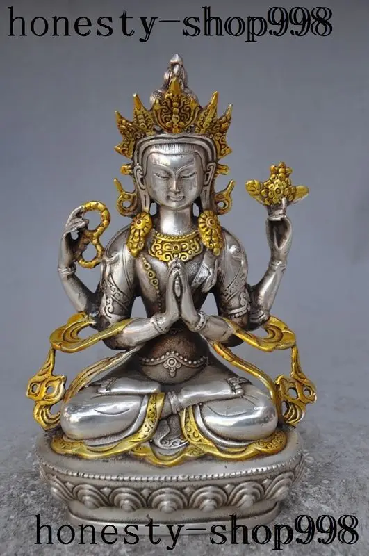 

Тибетский буддизм серебро 4 руки Chenrezig тара kwanyin богиня Будды статуя украшение