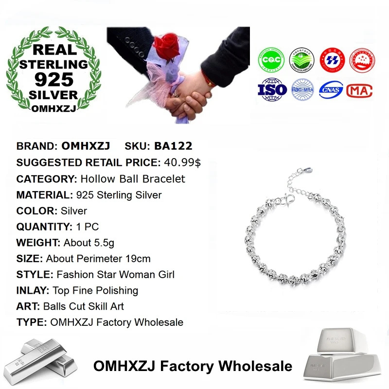 OMHXZJ Wholesale European Fashion Woman Girl Party Birthday Wedding Gift Simple Hollow Beads 925 Sterling Silver Bracelet BA122
