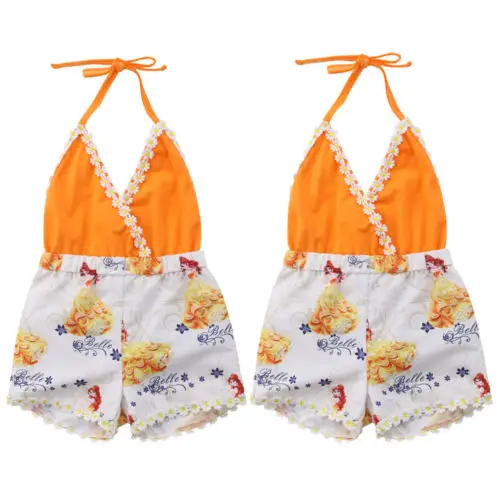 Cartoon Princess Rompers Halter Summer Baby Girl V Neck Sleeveless Backless Floral Jumpsuit Sunsuit Toddler One-Piece Clothes | Детская