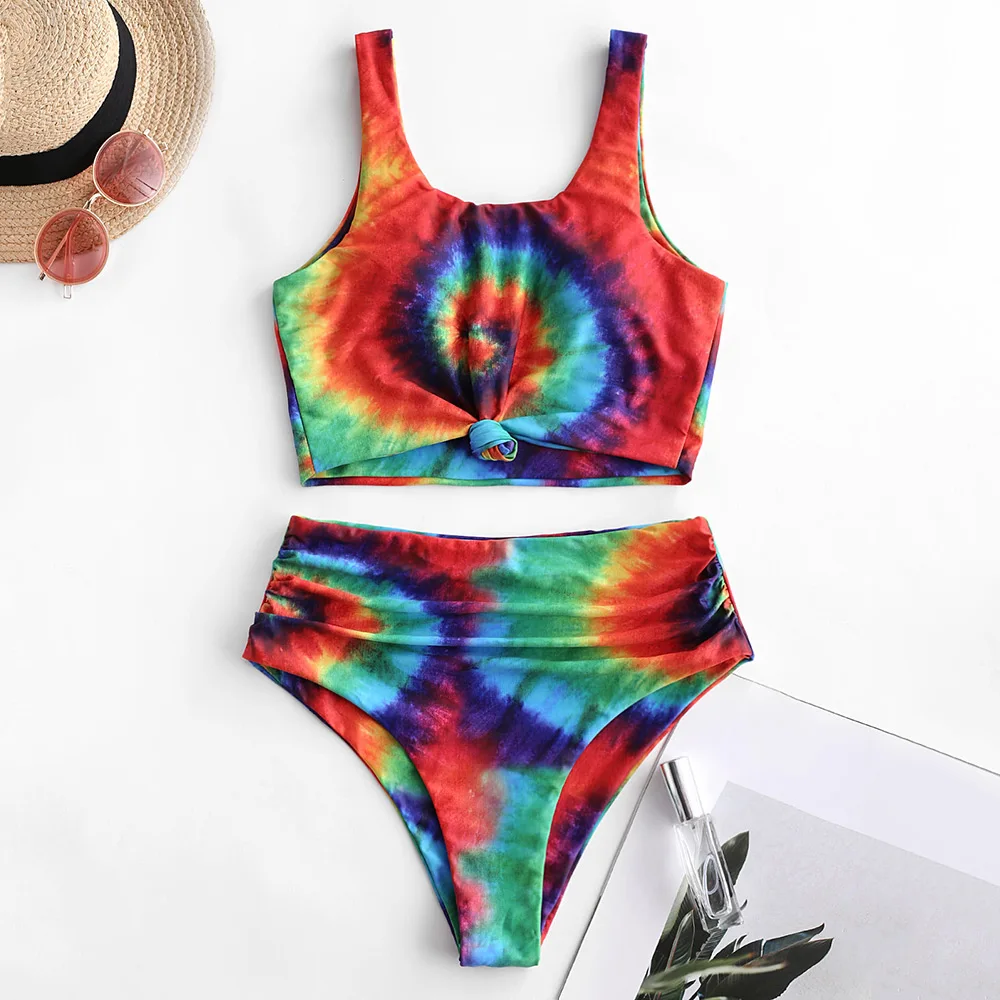 Женский купальник-танкини ZAFUL Tie Dye Knot с высокой талией женский купальный костюм