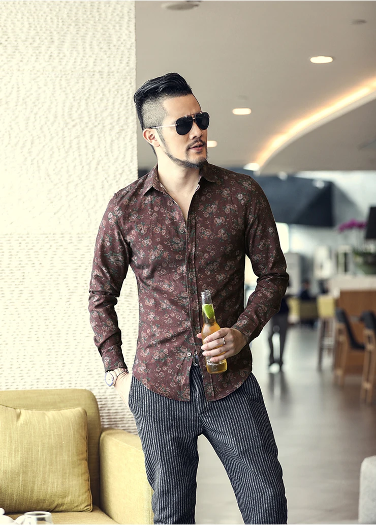 Ретро Старый Цветочный принт рубашки мужчин slim fit Длинные рукава хлопок slim fit цветок рубашка Мужская люксовый бренд осень S2126