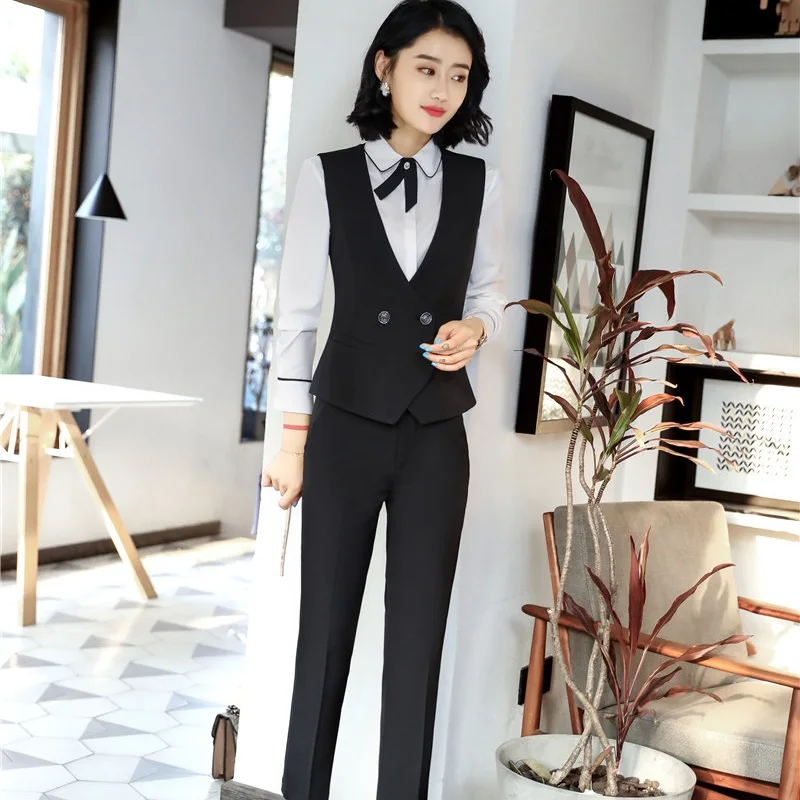 Деловые элегантные черные дизайнерские брючные костюмы с топом и брюками для