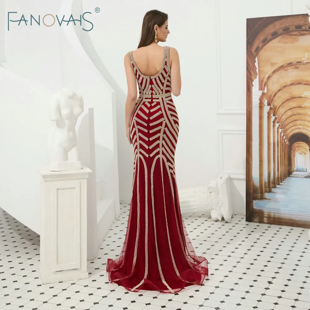 Бордовый бисер полосы вечерние платья роскошные Vestido de Festia золотые выпускного