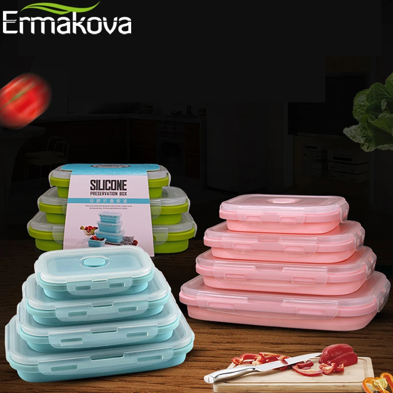 ERMAKOVA силиконовый термостойкий складной контейнер для хранения продуктов, складной Ланч-бокс с герметичной пластиковой крышкой