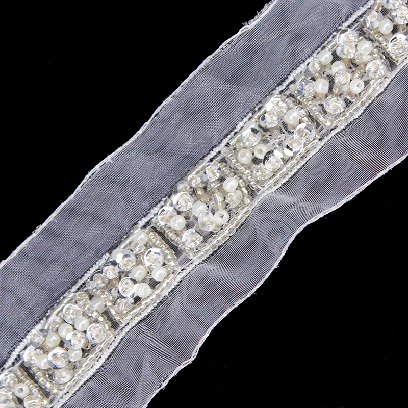 5 ярдов белая кружевная лента Стразы с бисером вышитая отделка костюм