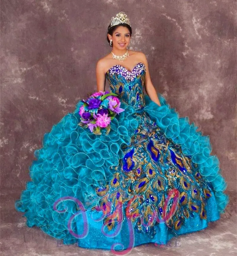 Quinceanera Платья Милая Бусы Бальное платье Из Органзы Павлиньи Перья Длиной до пола