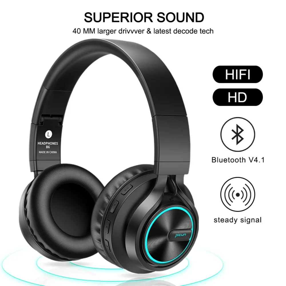B6 Беспроводной наушники Bluetooth Hi-Fi стерео наушники Складная гарнитура светодиодный светильник наушники с HD микрофон для мобильного телефона Tv tablet