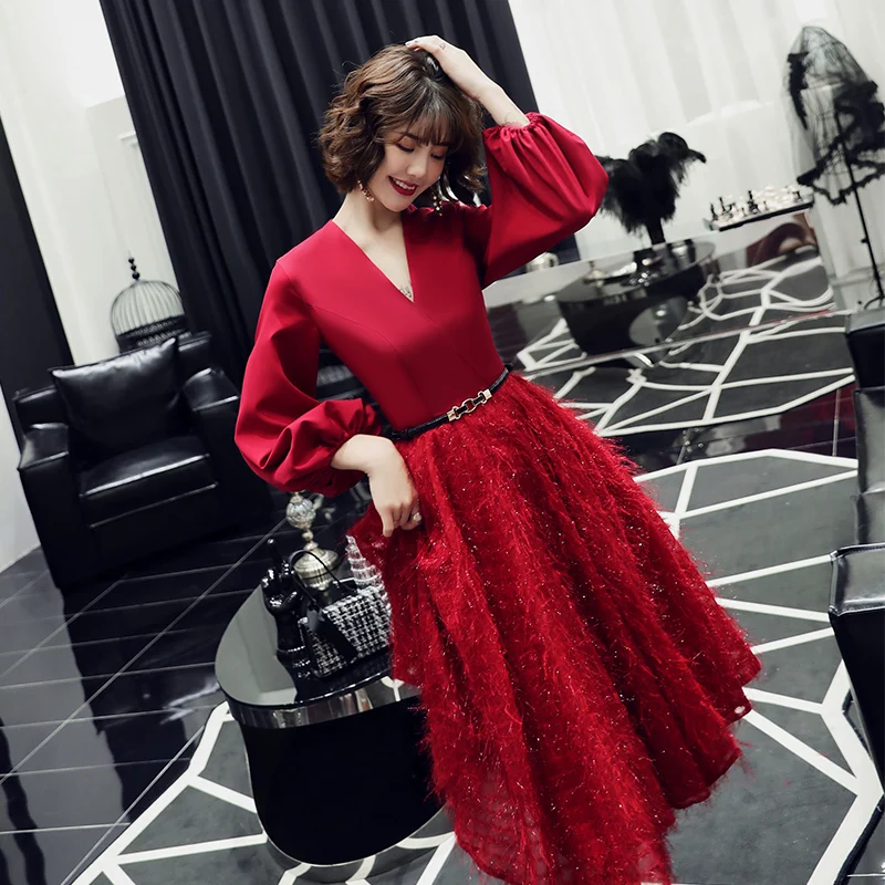 wei yin Robe De Soiree Lace Sexy V-neck Long Evening Dresses 2020 Bride Banquet Elegant Tea-length Party Prom Dress WY1695 | Свадьбы и