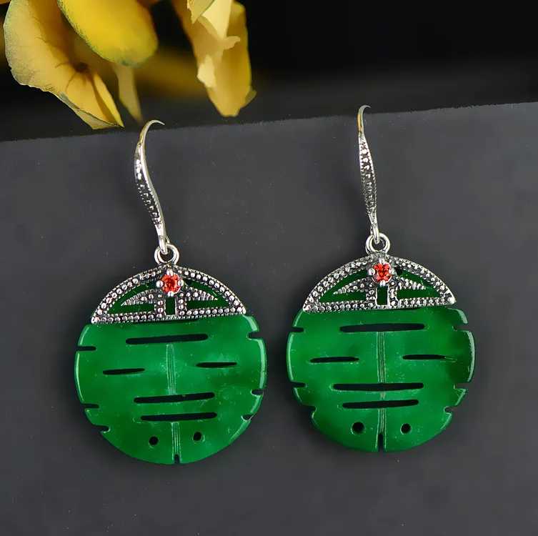 

silver inlay earrings double circular TieLong raw dried green eardrop retro earring ornaments ms elegant temperament