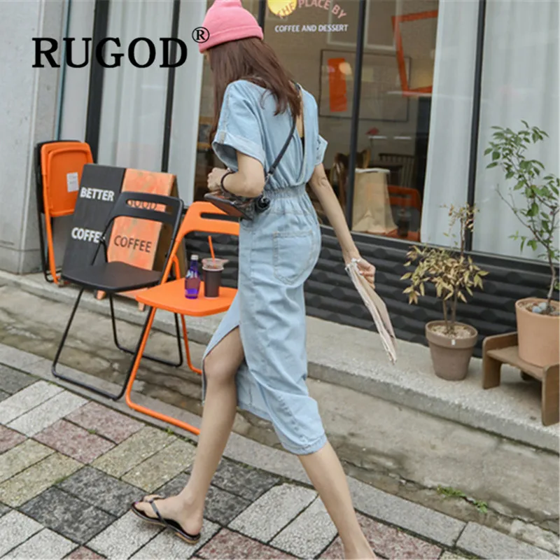 RUGOD/корейское шикарное летнее джинсовое платье с открытой спиной Модное