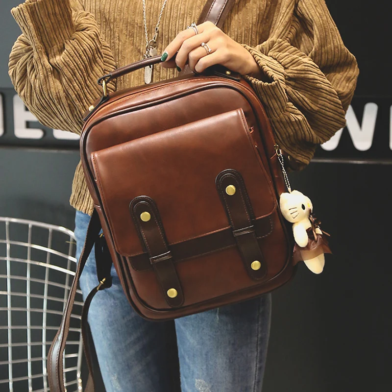 Women Female Brand Back Pack College Style Leather Backpack School Back pack Vintage Student Schoolbag Retro Rucksack Square
