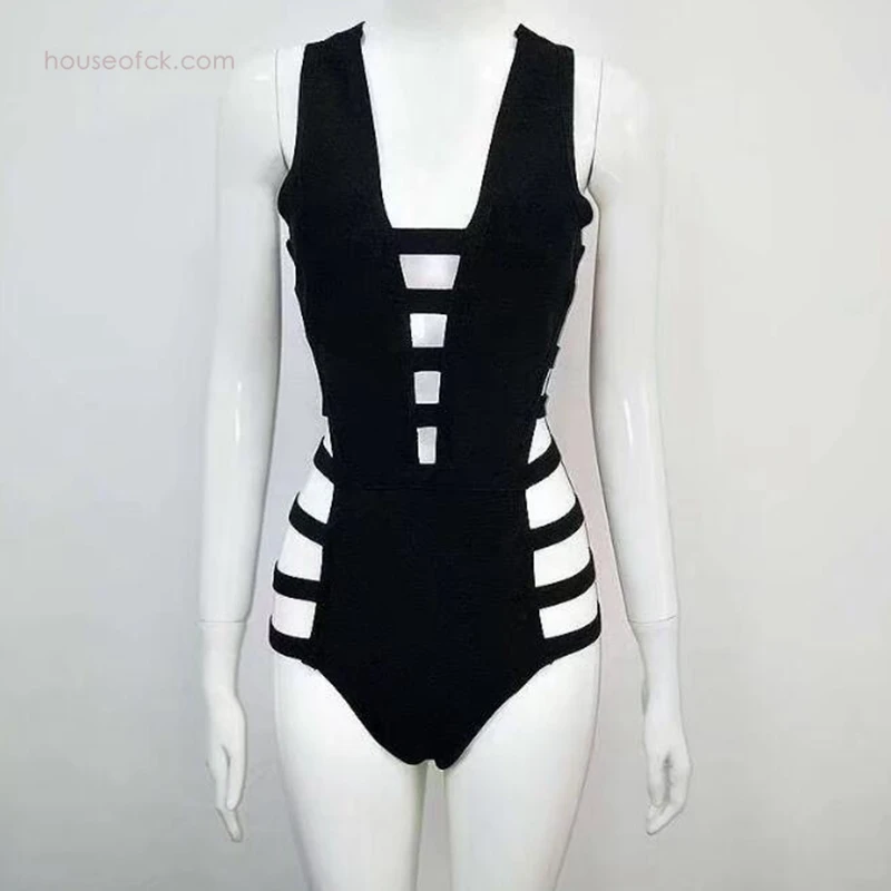 Summer Sexy Deep V Neck Red BlackYellow Purple White Bandage Bodysuit Cut Hollow Out Backless Lady Bodycon Bodysuits Beachwear