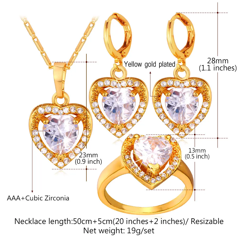 U7 Золотой /Серебряный Цвет Сердце Цирконий Серьги Кольцо Ожерелье Ювелирные