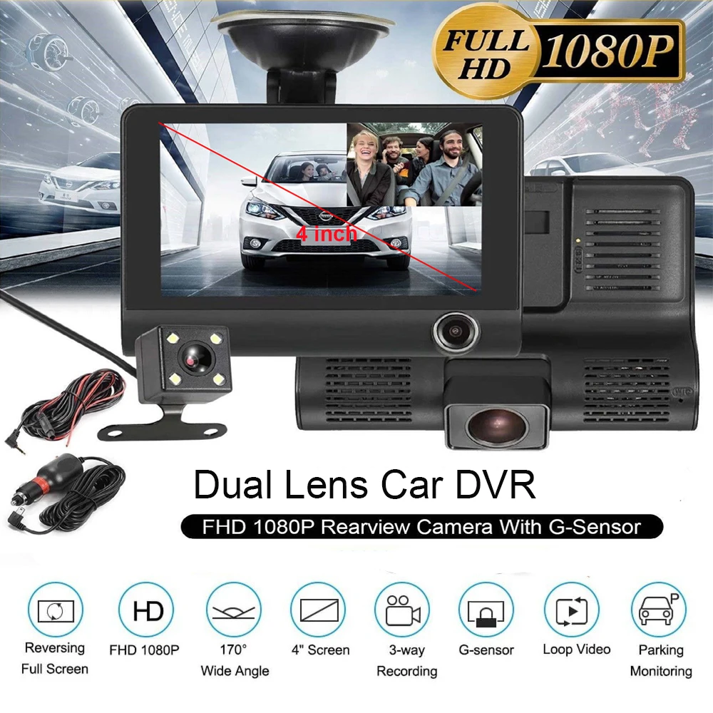 Автомобильный видеорегистратор с двумя объективами HD 1080P 4 0 дюйма ЖК экран ночное