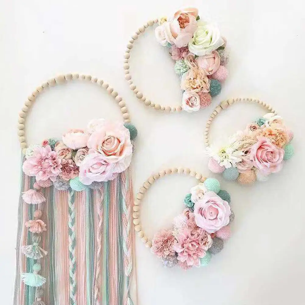 

HobbyLane Wooden Beads Plush Ball Garland with Tassel Wall Decoration Photography Props