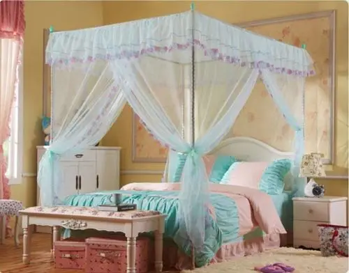 Белая кружевная Четырехугольная стойка для кровати навес москитная сетка