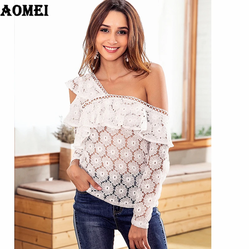 Белый Кружевная рубашка Сексуальная одно плечо рюшами Блузка See Through открытые