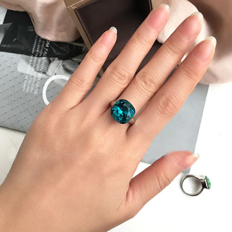 MOONROCY Модные кольца с кристаллами квадратные синие зеленые ювелирные изделия для