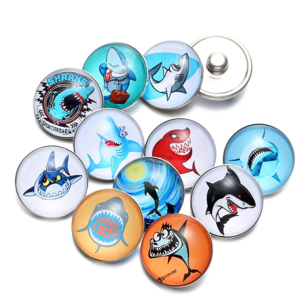 12pcs/Lot Mr.Shark Pattern Glass Charm 18mm Snap Button Jewelry For Snaps Bracelet KZ0518 | Украшения и аксессуары