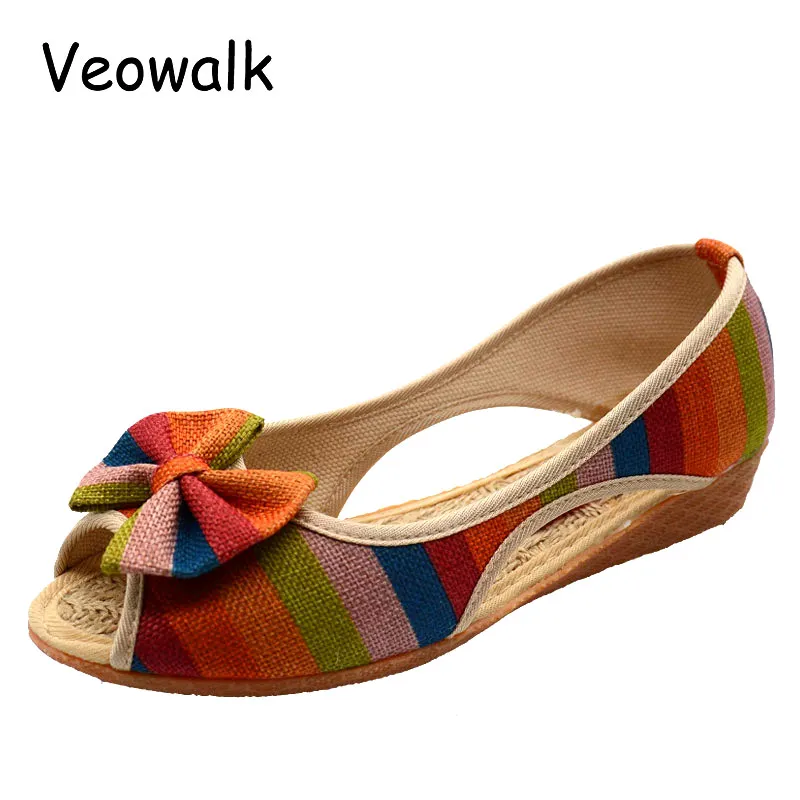 Veowalk/женские туфли на плоской подошве в радужную полоску с открытым носком