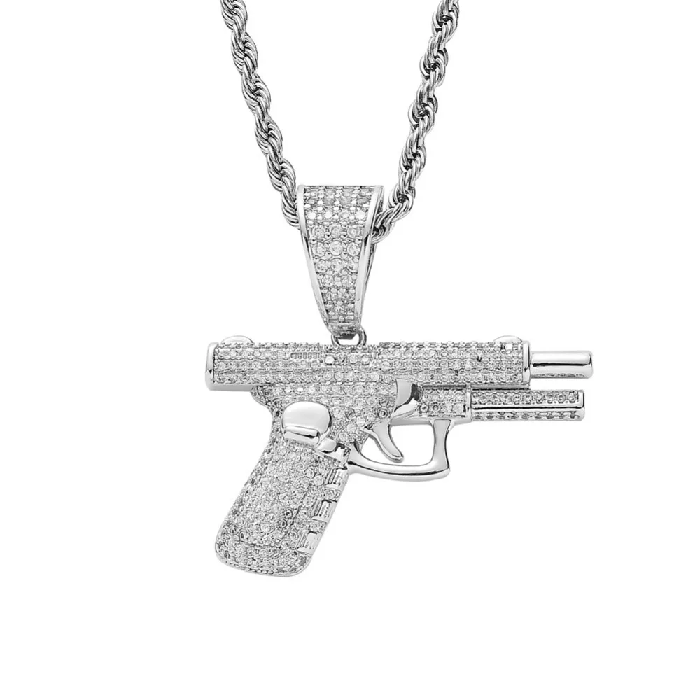 Микро проложили AAA кубического циркония Bling Iced Out автоматический пистолет кулоны с оружием ожерелье для мужчин хип хоп рэппер ювелирные изделия золото серебро