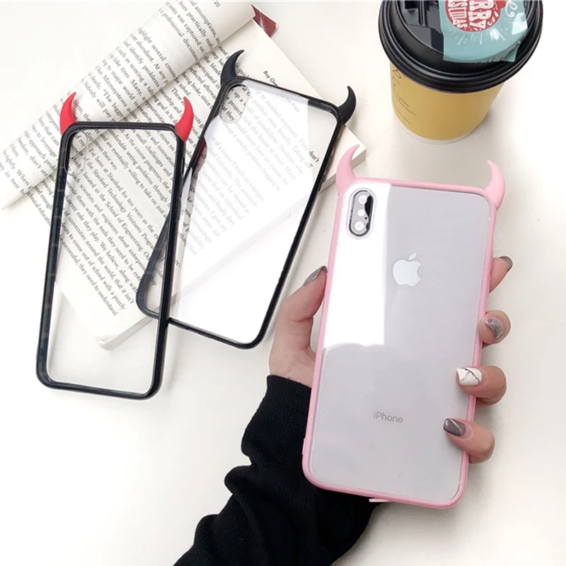 3D роскошный чехол для телефона Devil Horns для iPhone 6 6Plus 6s 6Plus 7 7Plus 8 8Plus X XR XS Max милый черный красный акриловый чехол