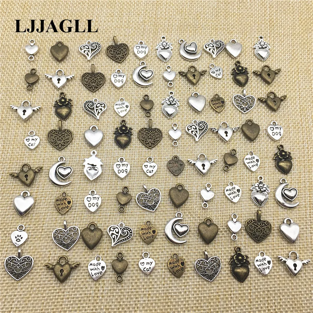 

LJJAGLL 20pcs Bronze Silver Metal Mix 10Kinds Hearts Pendants Jewelry Diy Charm Love Heart Jewelry Findings Fit Bracelet Making