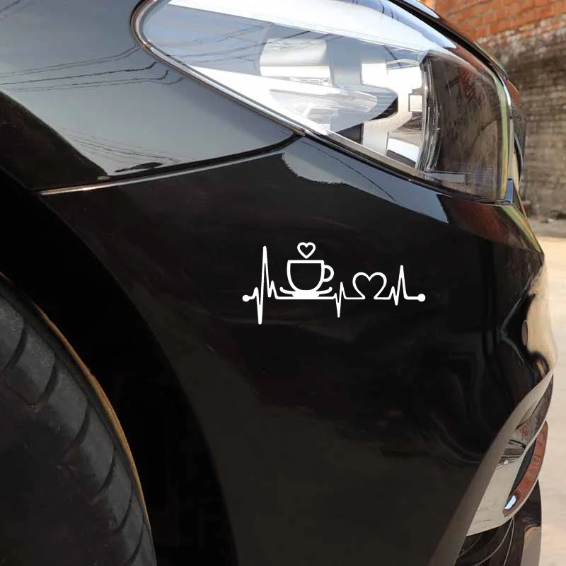 

YJZT 13.9CM*6.3CM Coffee Cup Heartbeat Lifeline Vinyl Black/Silver Car Sticker C22-1065