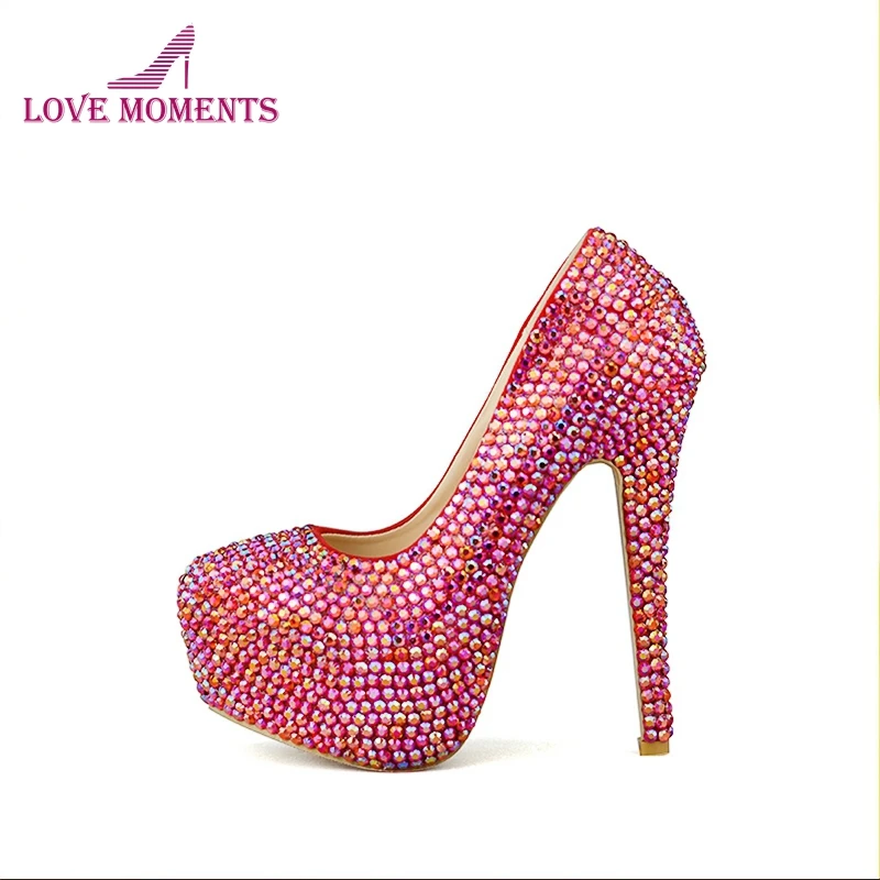 

Gorgeous Red AB Crystal Party Prom Bridal Wedding Shoes Handmake Nightclub Anniversary High-Heel Round Toe Women Stiletto