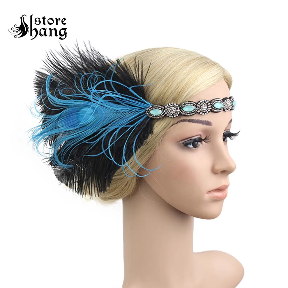 Buy 1920s Flapper Headband Deluxe Peacock Feather Roaring 20s Great Gatsby Vintage Hair Accessories Art Deco New Years Gift on