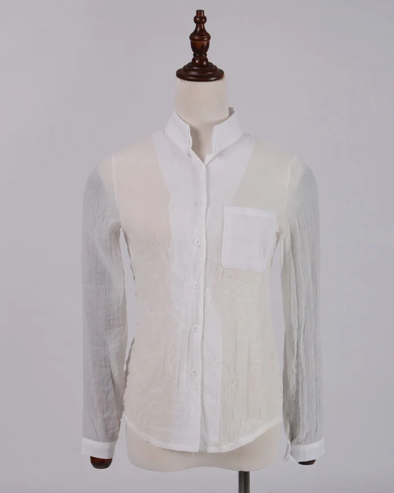 Женская Повседневная Базовая Блузка из хлопка и льна Топ с длинным рукавом