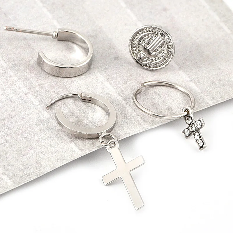4 Pcs/Set Women Vintage  Cross Virgin Mary Round Crystal Pendant Silver Color Earring Set Personality Party Jewelry Accessories | Украшения