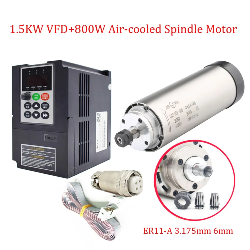 0.8KW 220V 5A 65*188mm 0.33NM 400HZ 24000rpm ER11 High Speed Spindle Motor+VFD for Woodworking Engraving | Инструменты