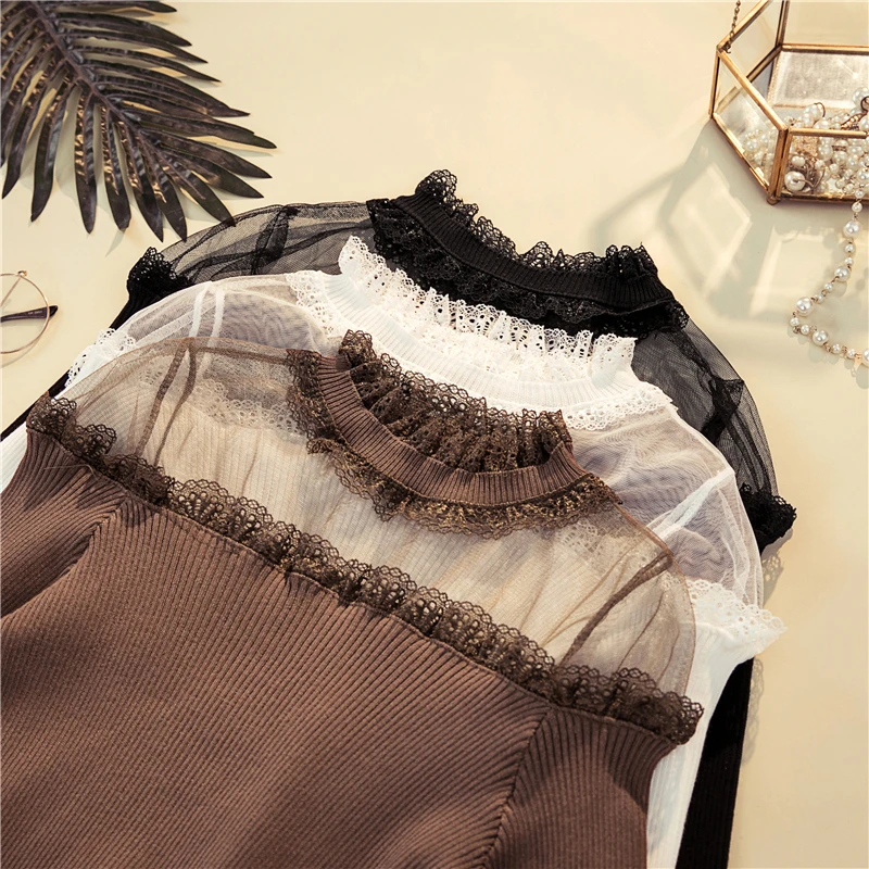 Korobov 2019 New Mesh Lace Patchwork Sweaters Korean Slim Hollow Out Knitted Pullovers Turtleneck Basics Sueter Mujer 78601 | Женская