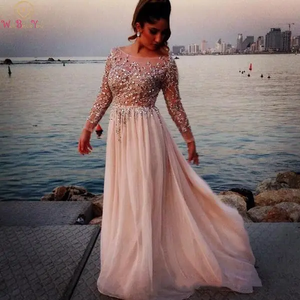 

2020 de Prom Dresses Scoop Neck Beading Crystal A Line Long Sleeve vestidos Pink Ivory Sweep Train Sequined Empire Chiffon Dress