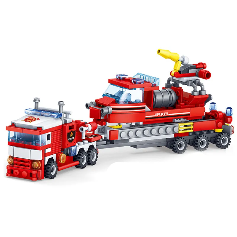 348pcs Fire Fighting 4in1 Trucks Car Helicopter Boat Building Blocks Compatible Legoing City Firefighter Figures Children Toys | Игрушки и