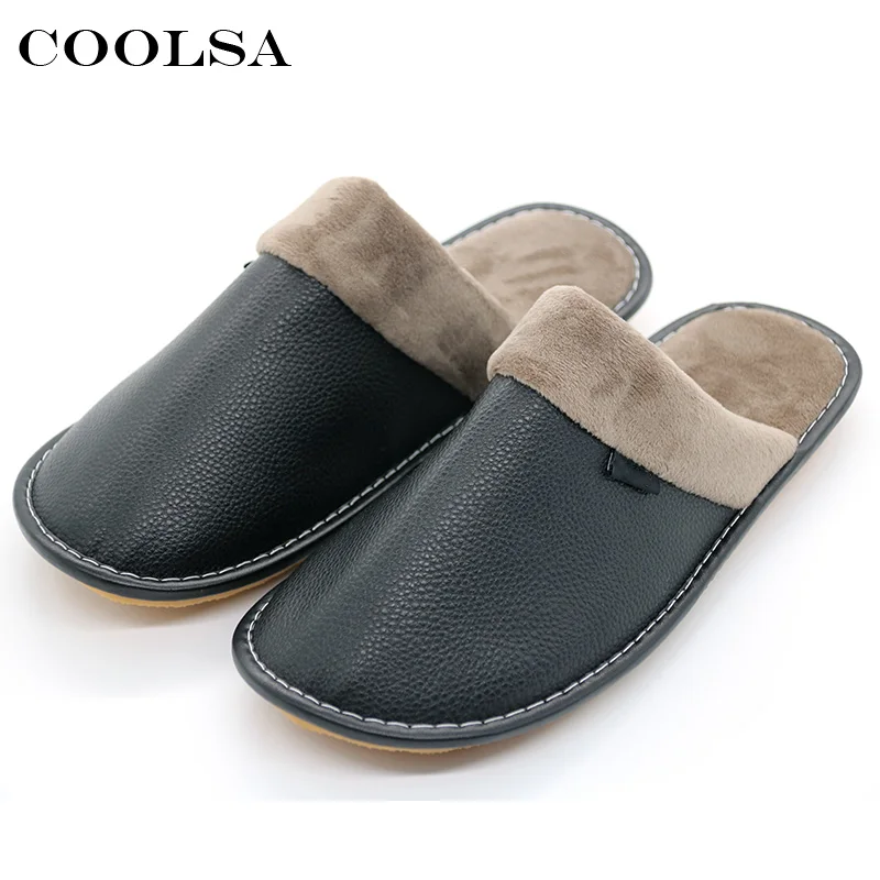Coolsa зима Для мужчин кожа хлопок Шлёпанцы для женщин из мягкой искусственной кожи