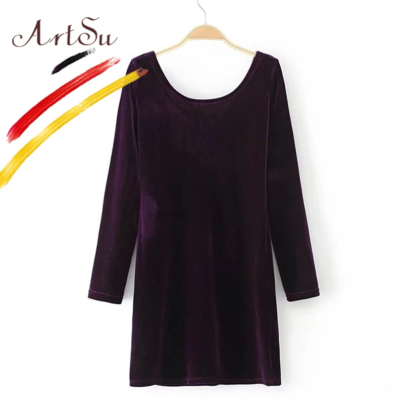 Арцу 2017 Осень зима теплое мини-платье с длинным рукавом повседневные Бархатные