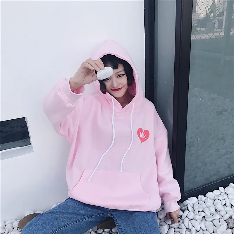 New Hooded Hoodies Women Strawberry Milk Heart Print Kangaroo Long Sleeve Sweatshirt Front Pocket Casual Harajuku Jumper | Женская
