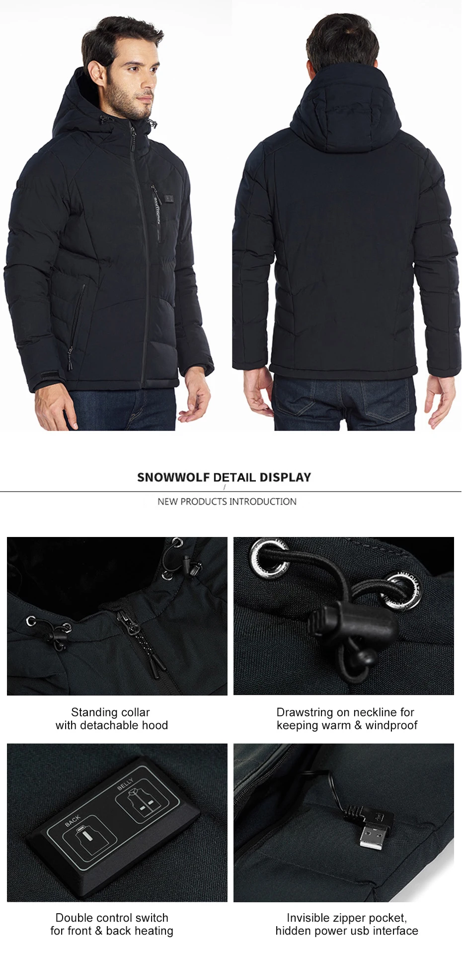 SNOWWOLF Мужская зимняя уличная куртка с подогревом, Электрический жилет с капюшоном, тепловая походная куртка с подогревом для кемпинга