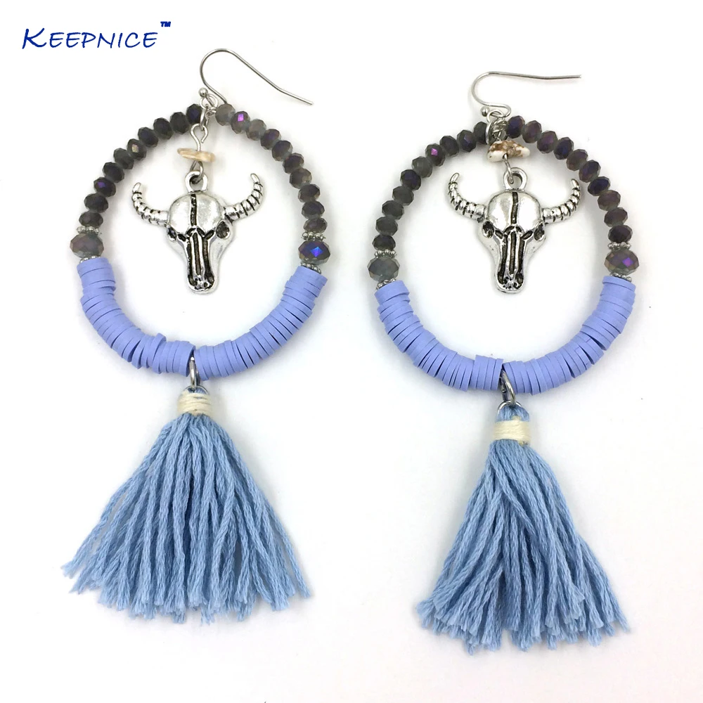 

New Crystal Beads Dangle Earrings With Cotton Tassel Summer Style Bull Skull Taurus Charm Earrings Antique Silver