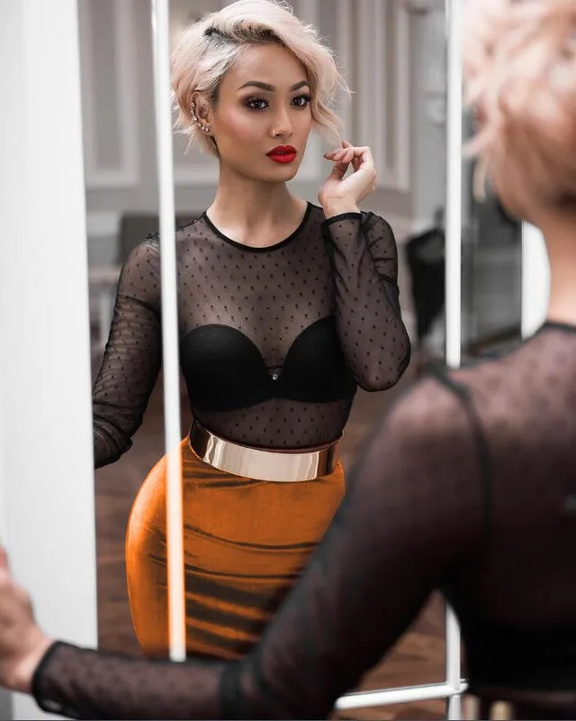 Летняя Мода Женщины Элегантный orange Black mesh Длинные рукава o шеи Сексуальная Bodycon
