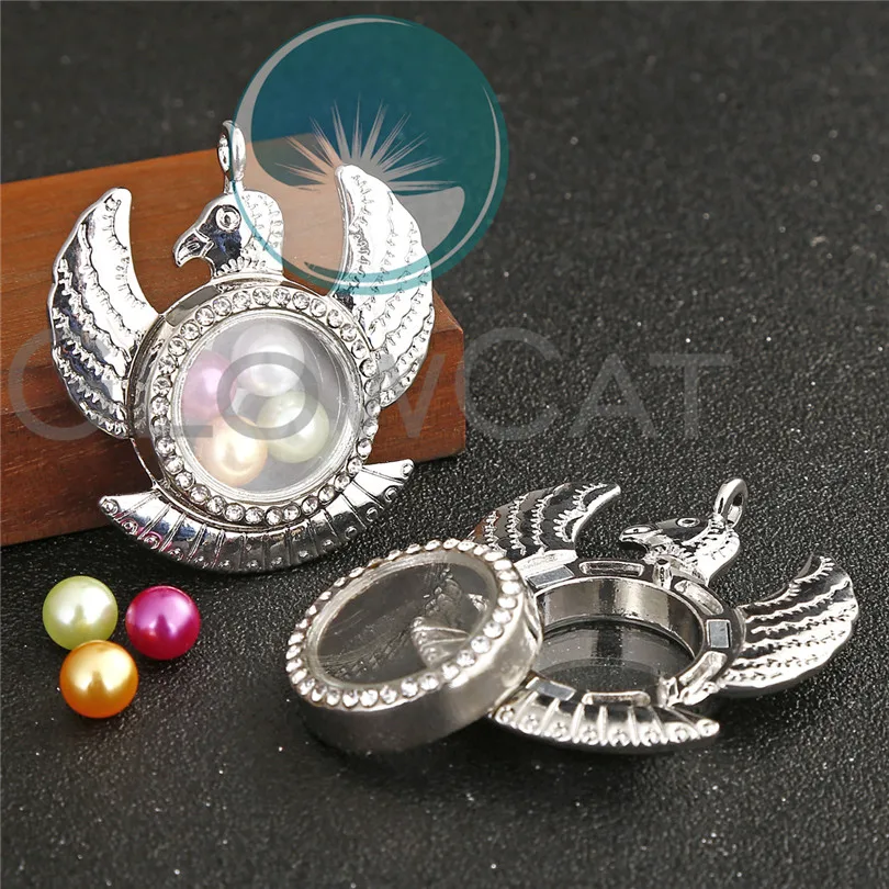 

Glass Magnetic Living Memory Locket Pendant Beads Pearl Cage Rhinestone Floating Charms Pendant 20'' Steel Chain Necklace